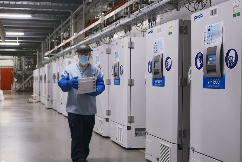 FILE PHOTO: A worker passes a line of freezers holding