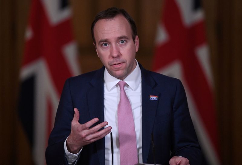 Britain’s Health Secretary Matt Hancock attends a media briefing on