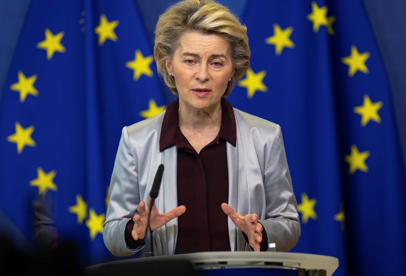 European Commission President Ursula von der Leyen delivers a statement
