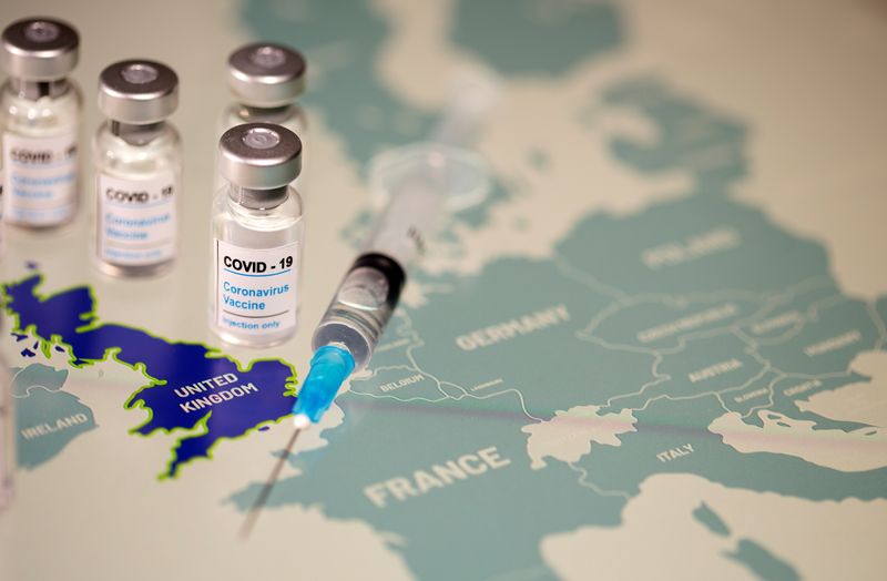 FILE PHOTO: Vials labelled “COVID-19 Coronavirus-Vaccine” and medical syringe are