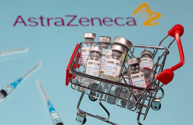A small shopping basket filled with vials labeled “COVID-19 –