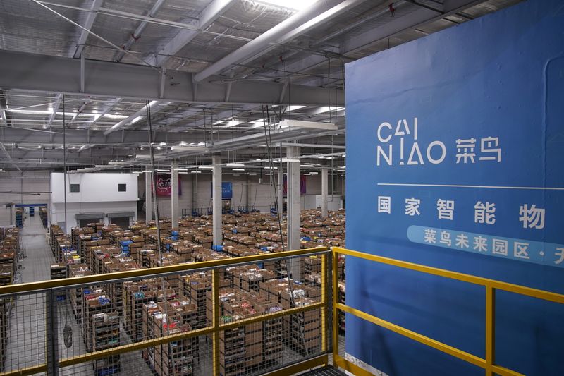 Cainiao’s logo, Alibaba’s logistics unit, is seen at the warehouse