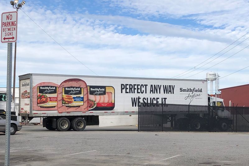 FILE PHOTO:  A truck arrives at Smithfield Foods’ pork