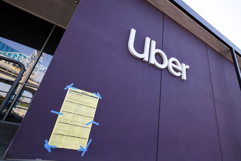 An Uber logo is seen in Redondo Beach, Los Angeles