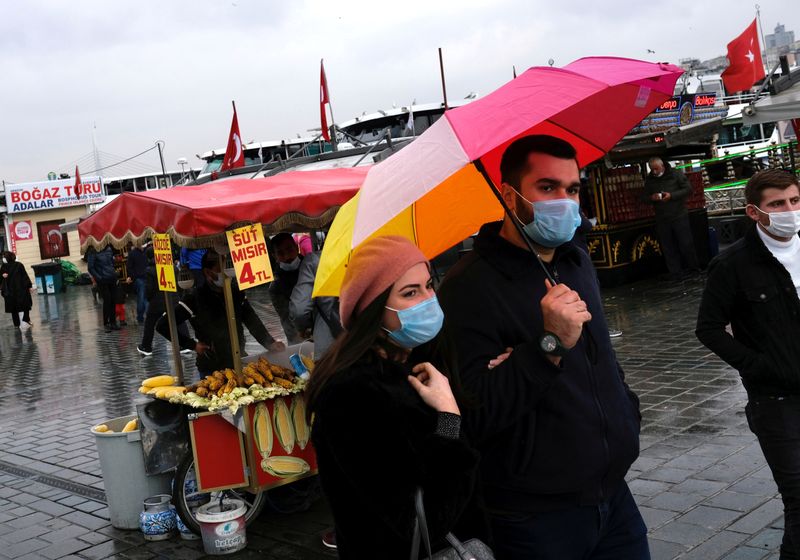 FILE PHOTO: People wearing protective masks stroll in Eminonu district