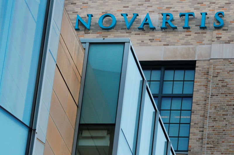 A sign marks Novartis’ Institutes for Biomedical Research in Cambridge