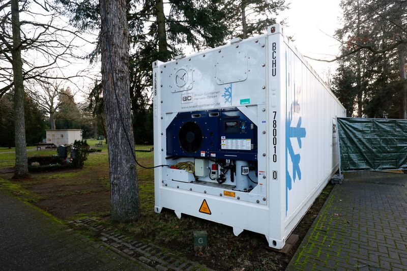 A freezer container is set up at the cemetery crematorium