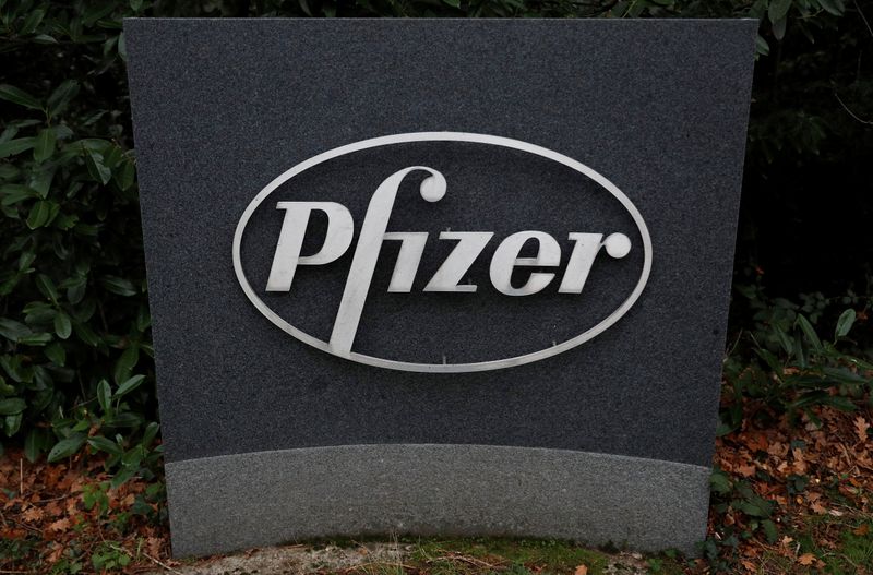 Pfizer logo is seen at the entrance to Pfizer UK