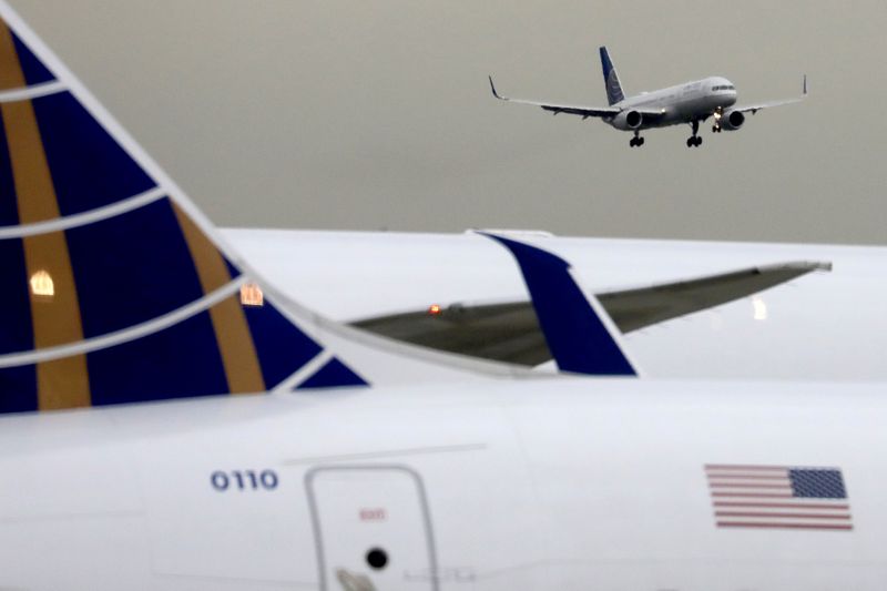 FILE PHOTO: A United Airlines passenger jet lands at Newark