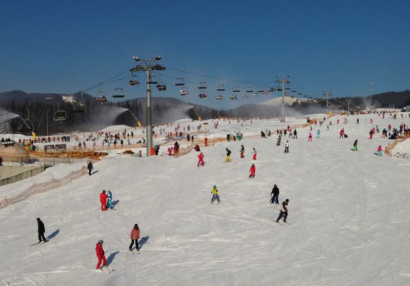 An aerial view shows the ski resort Bukovel in Ivano-Frankivsk