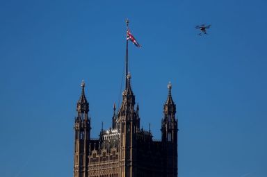 A police drone is flown over the Houses of Parliament