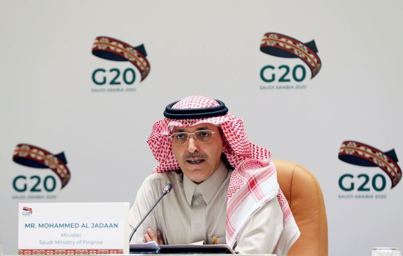 Saudi Minister of Finance Mohammed al-Jadaan speaks during a media