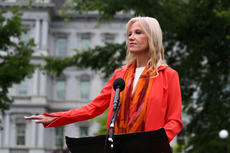 White House Special Counselor Conway speaks to news reporters during