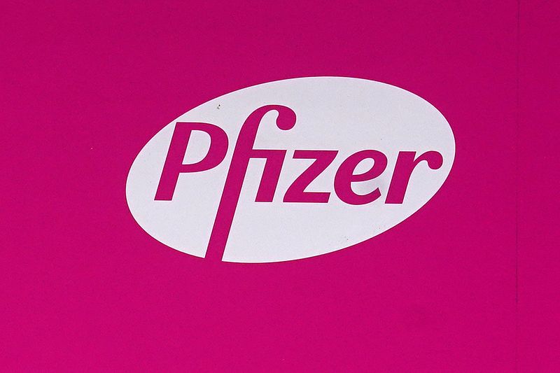 A sign is pictured outside Pfizer Headquarters in the Manhattan