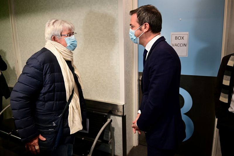French Health Minister Olivier Veran at the Hotel Dieu hospital