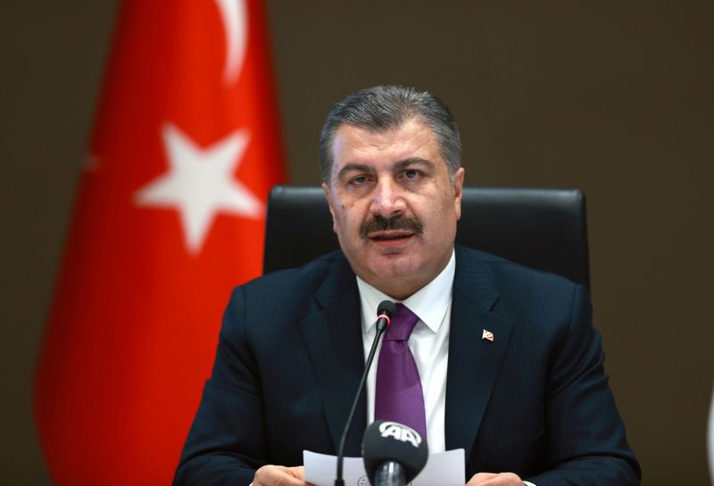 Turkish Health Minister Koca speaks during a news conference in