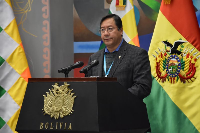 Bolivia’s President Luis Arce speaks during a signing ceremony of