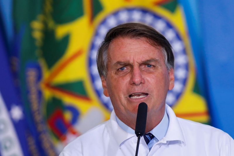 Brazil’s President Jair Bolsonaro speaks during a ceremony at the