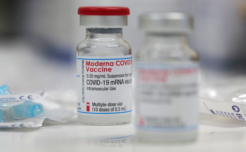A vial of the Moderna COVID-19 vaccine is seen at