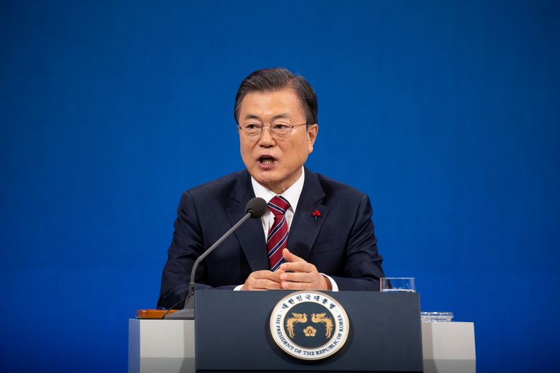 South Korean President Moon Jae-in holds an online New Year