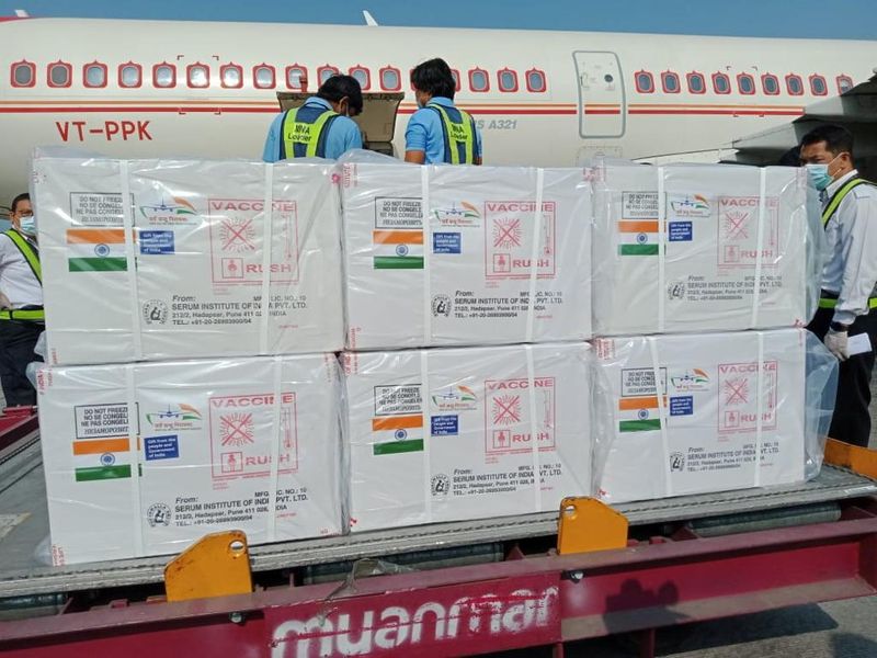 Boxes are seen as Myanmar receives the first batch of