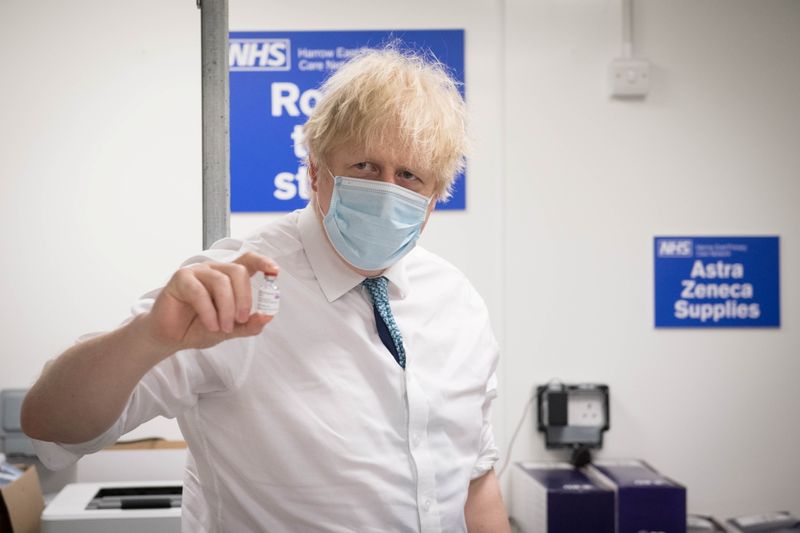 British Prime Minister Boris Johnson visits coronavirus vaccination centre