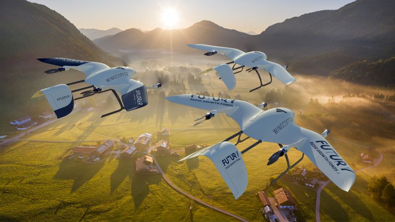Rendering of drones made by German start-up Wingcopter over Bavaria