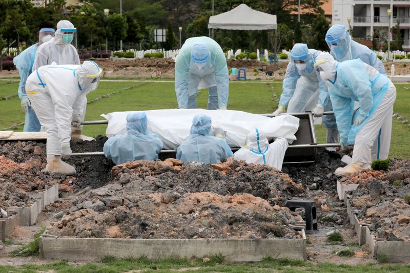 Workers wearing protective suits bury a victim of the coronavirus