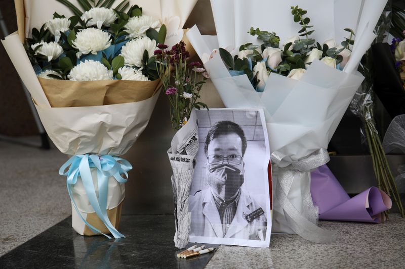 A makeshift memorial for Li Wenliang is seen at an