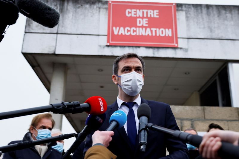 French Health Minister Veran speaks to the press after receiving