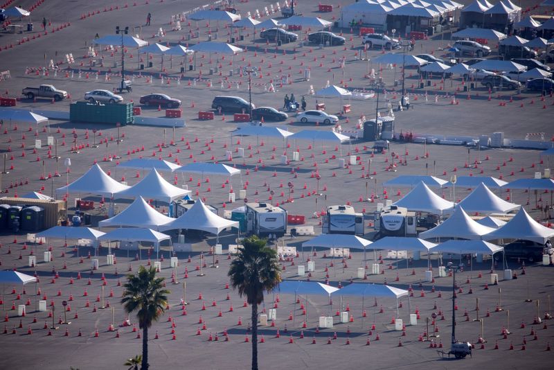 General view of mass vaccination sites at Dodger Stadium in