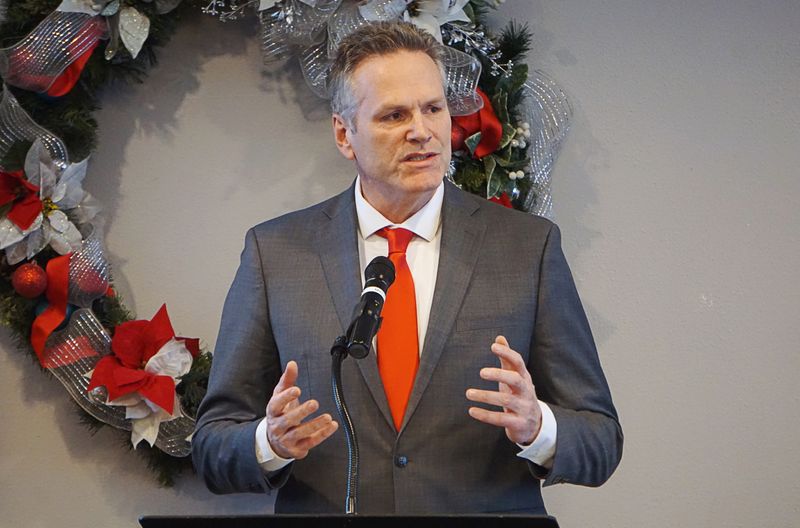 Alaska Governor Mike Dunleavy speaks at the Petroleum Club in