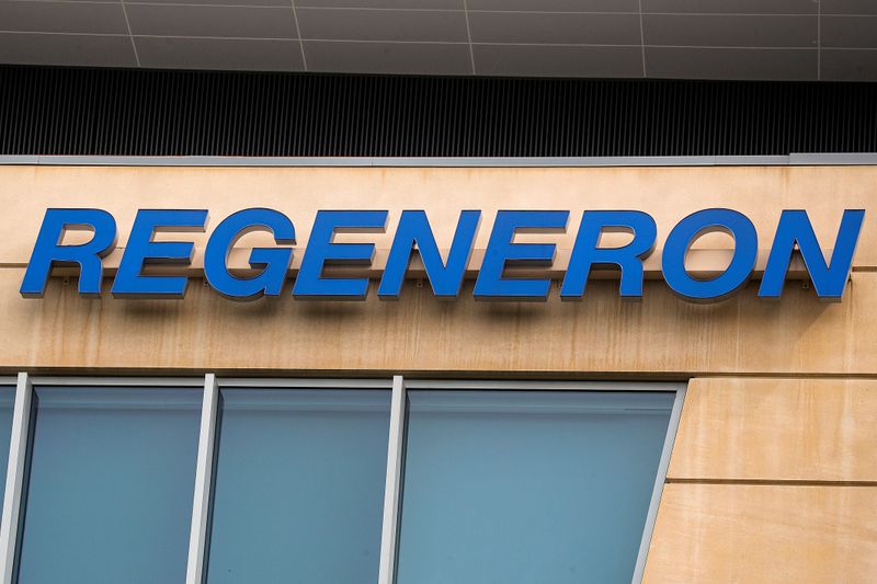The Regeneron Pharmaceuticals company logo is seen on a building
