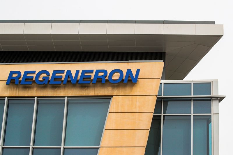 The Regeneron Pharmaceuticals company logo is seen on a building