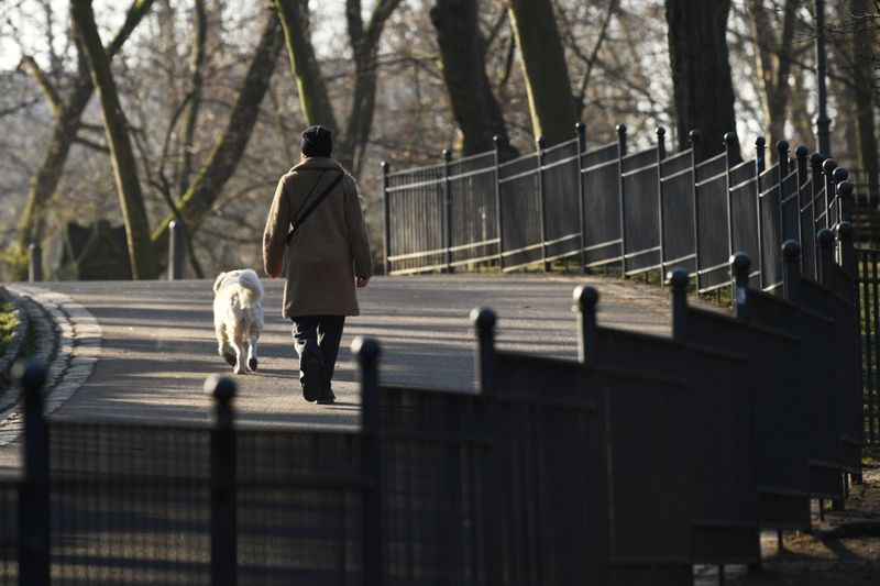 A woman walks with her dog at the Volkspark Friedrichshain