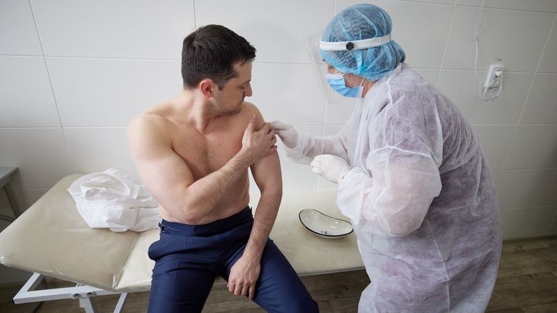 Ukraine’s President Zelenskiy receives a dose of a vaccine against
