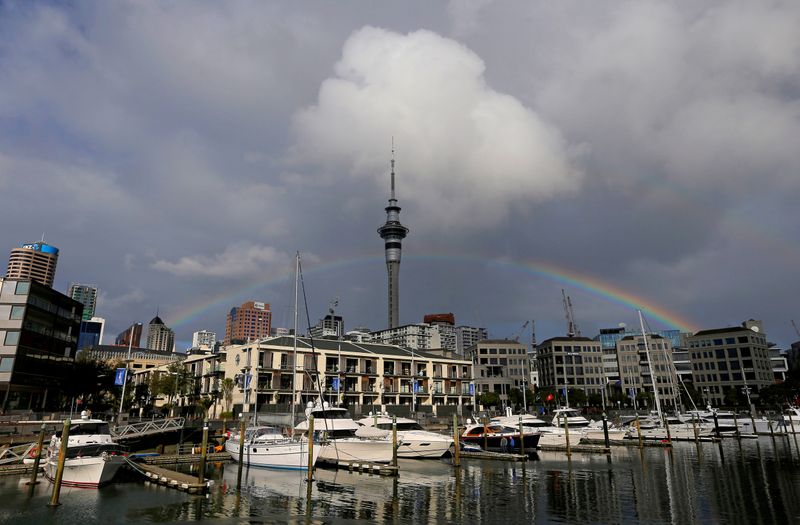 FILE PHOTO: A rainbow appears on the Auckland skyline featuring