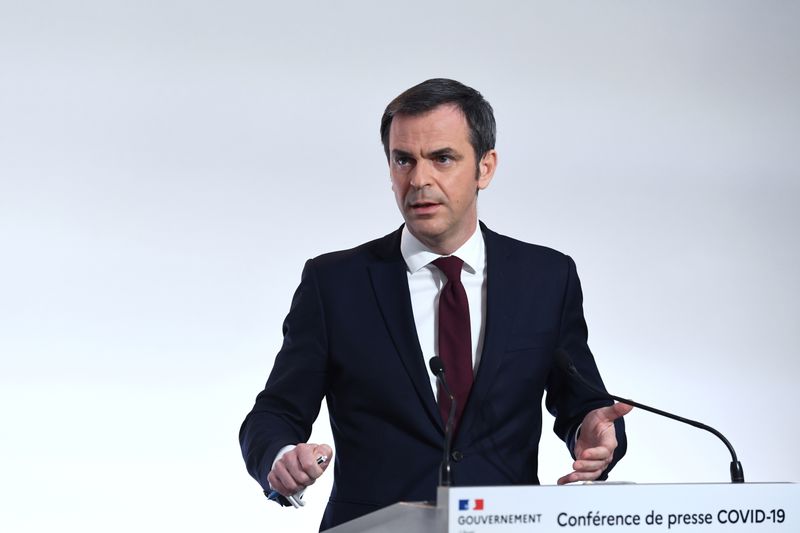 FILE PHOTO: French Health Minister Veran speaks during news conference