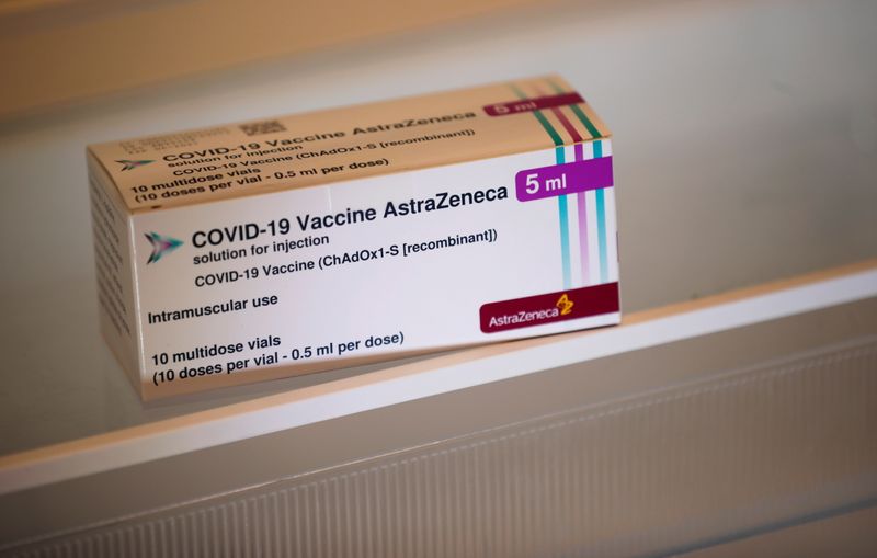 A box with AstraZeneca’s coronavirus disease (COVID-19) vaccine is pictured