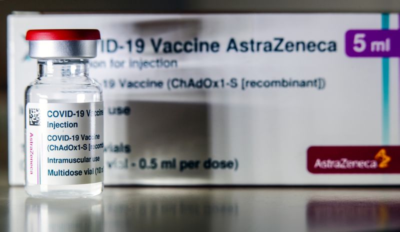 Vial with AstraZeneca’s coronavirus disease (COVID-19) vaccine is pictured in