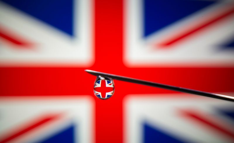 UK flag is reflected in a drop on a syringe