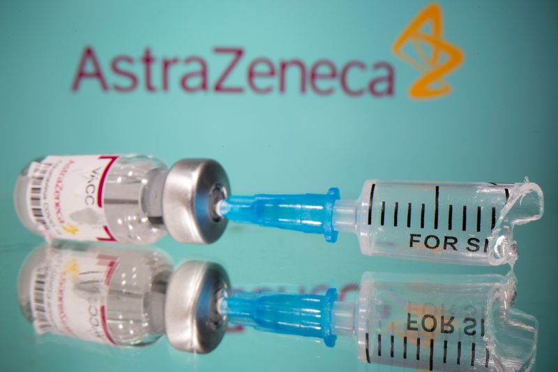 Vial labelled with broken sticker “AstraZeneca COVID-19 Coronavirus Vaccine” and
