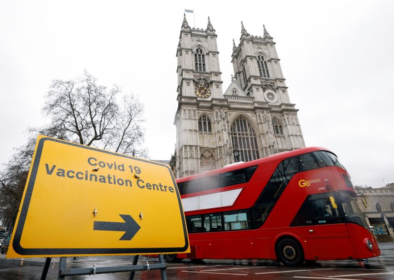 A sign is seen outside a vaccination centre at Westminster