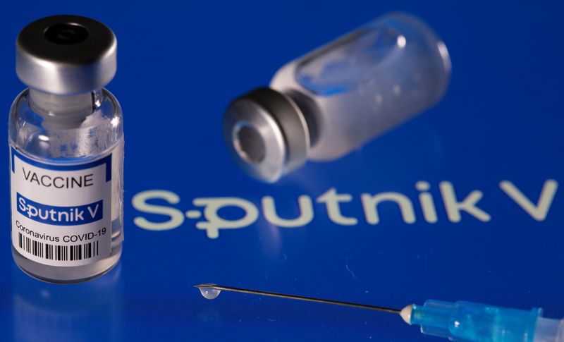 Vial labelled “Sputnik V coronavirus disease (COVID-19) vaccine” placed on