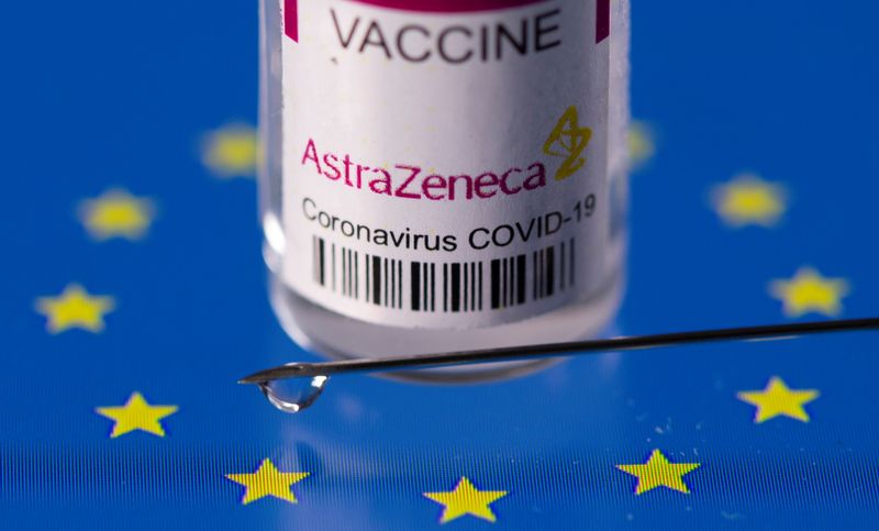 Vial labelled “AstraZeneca coronavirus disease (COVID-19) vaccine” placed on displayed