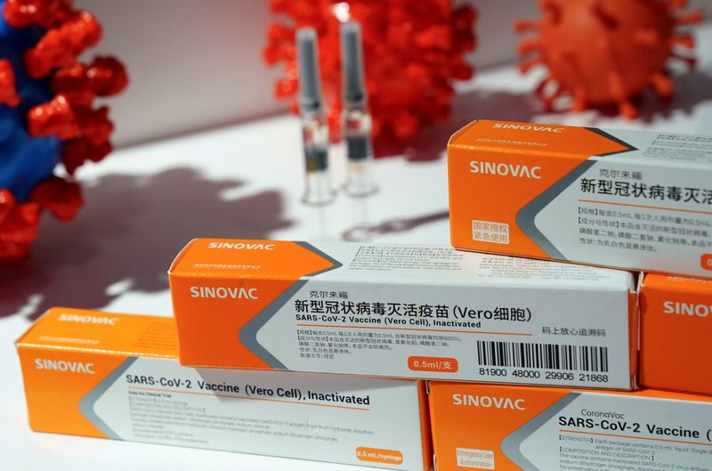 FILE PHOTO: Booth displaying a coronavirus vaccine candidate from Sinovac