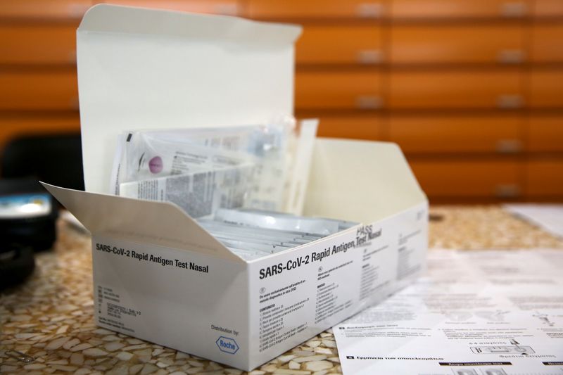 A box with rapid antigen COVID-19 self-testing kits is seen