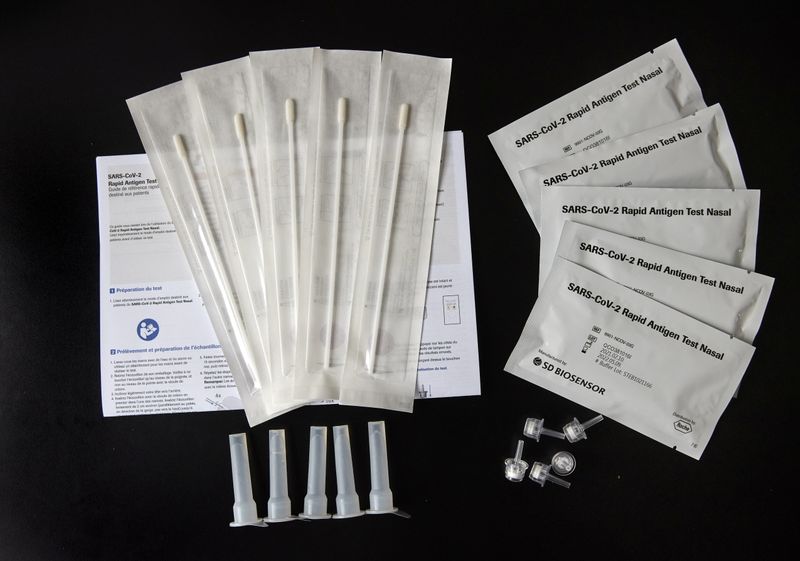 A kit containing five COVID-19 rapid antigen nasal tests is