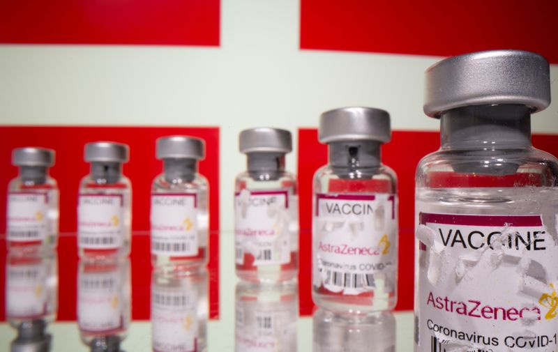Vials labelled with broken sticker “AstraZeneca COVID-19 Coronavirus Vaccine” are