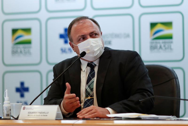 Brazil’s Health Minister Pazuello attends a news conference in Brasilia